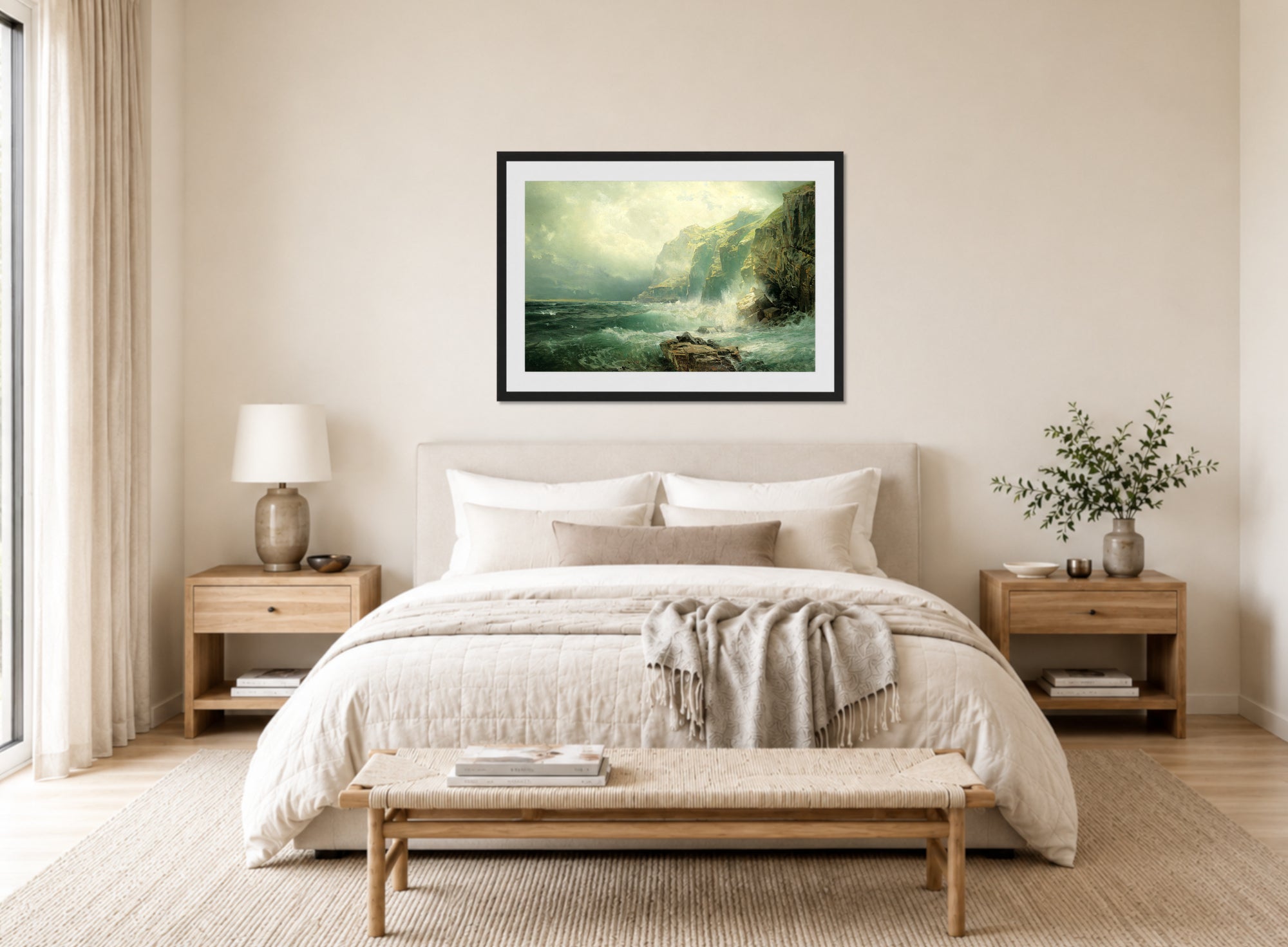 William Trost Richards Print, Rocky Coastline, Cornwall (1886) displayed above a bed