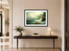 William Trost Richards Print, Rocky Coastline, Cornwall (1886) displayed above a console table