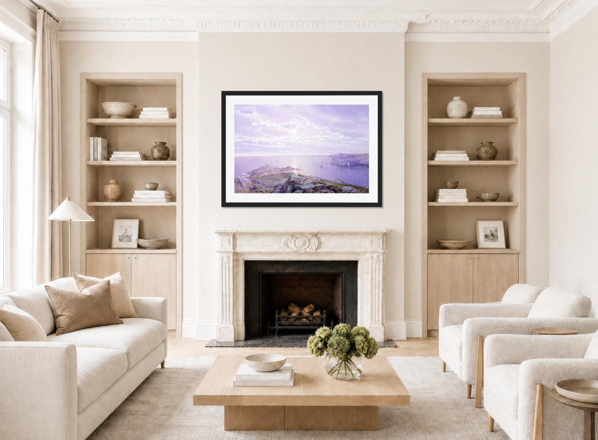 William Trost Richards Print, Rocky Cove (1876) displayed in a Scandinavian living room