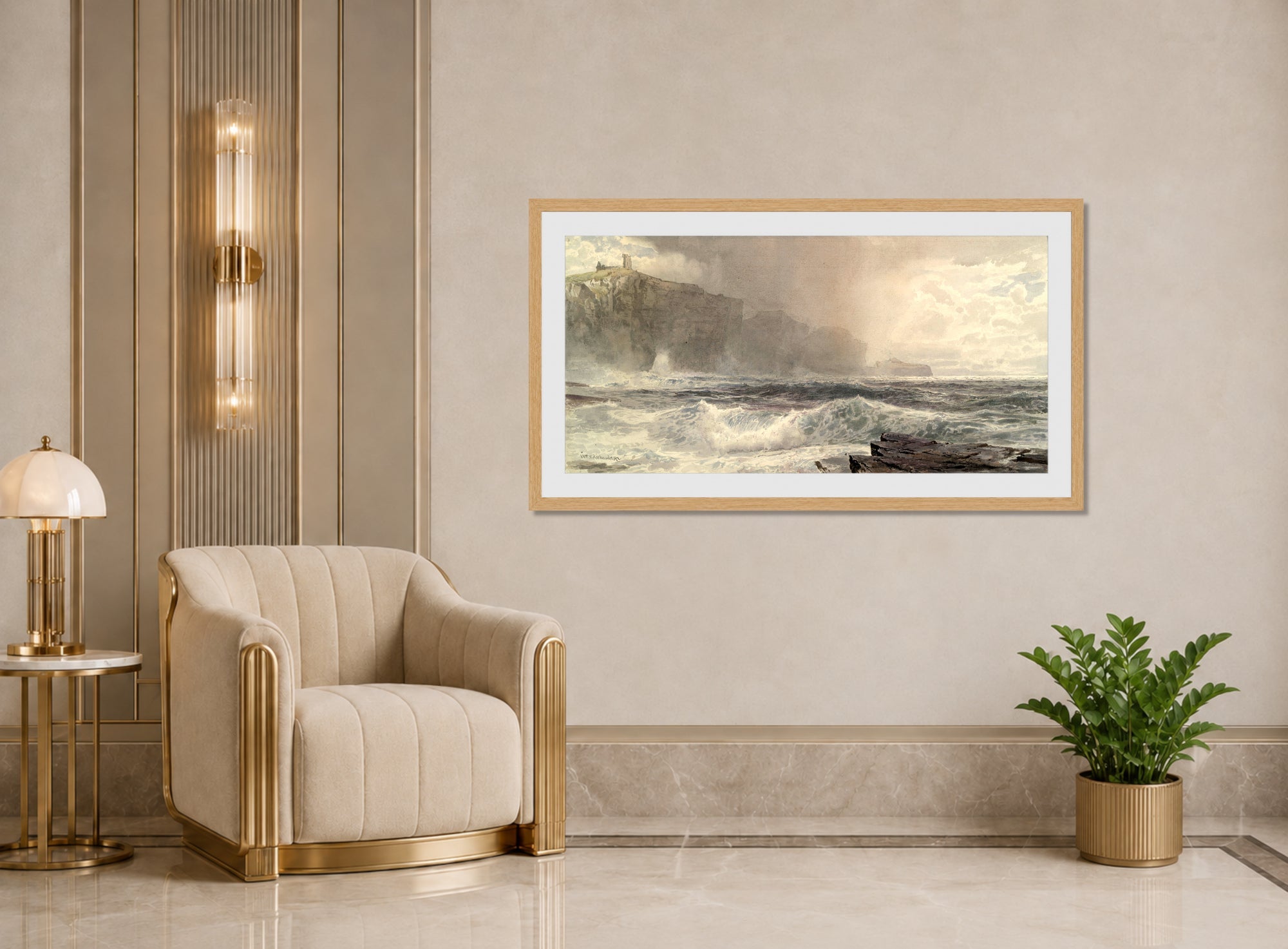 William Trost Richards Print, Sea and Cliffs (1892) displayed in an Art Deco interior