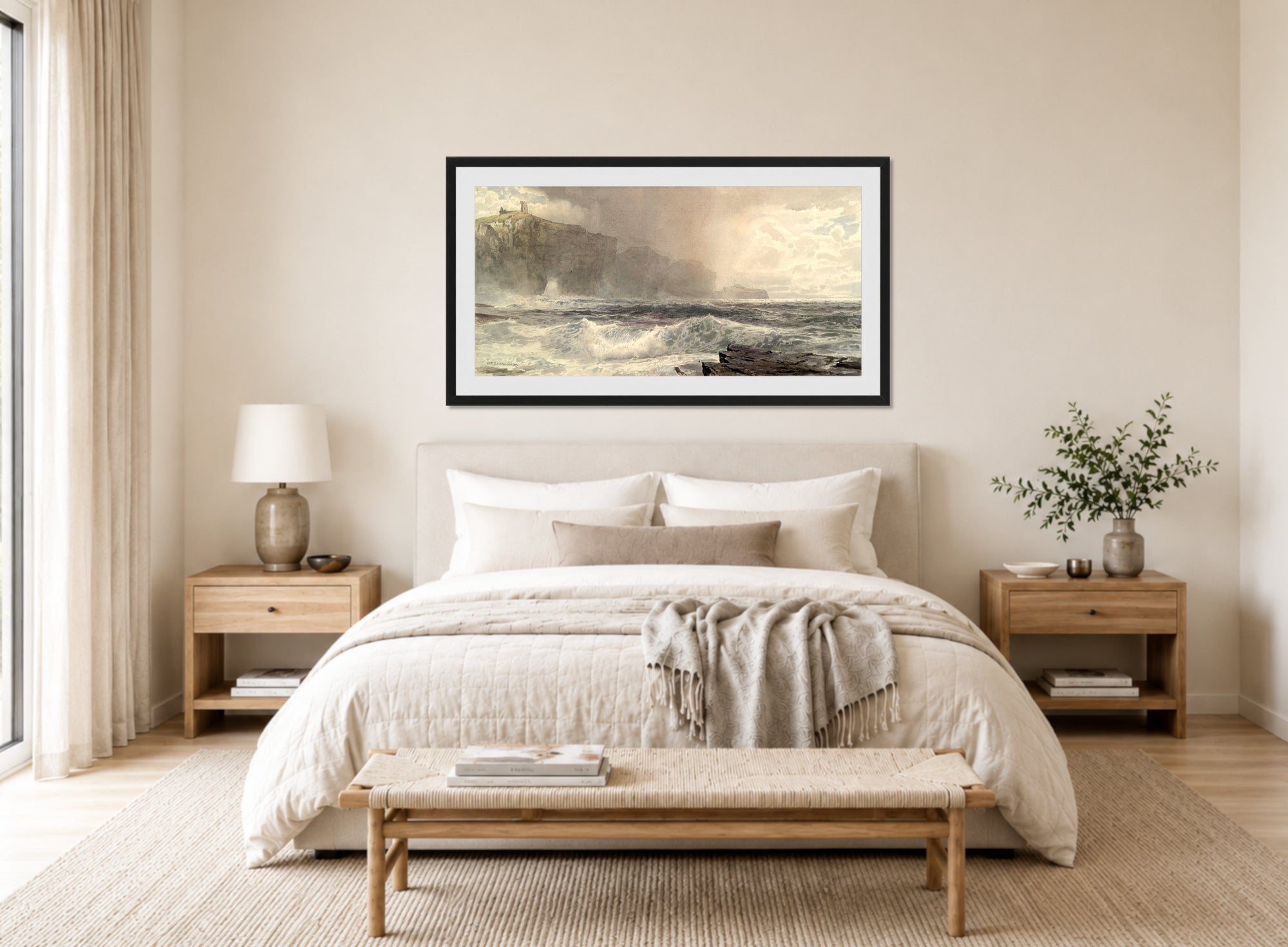 William Trost Richards Print, Sea and Cliffs (1892) displayed above a bed