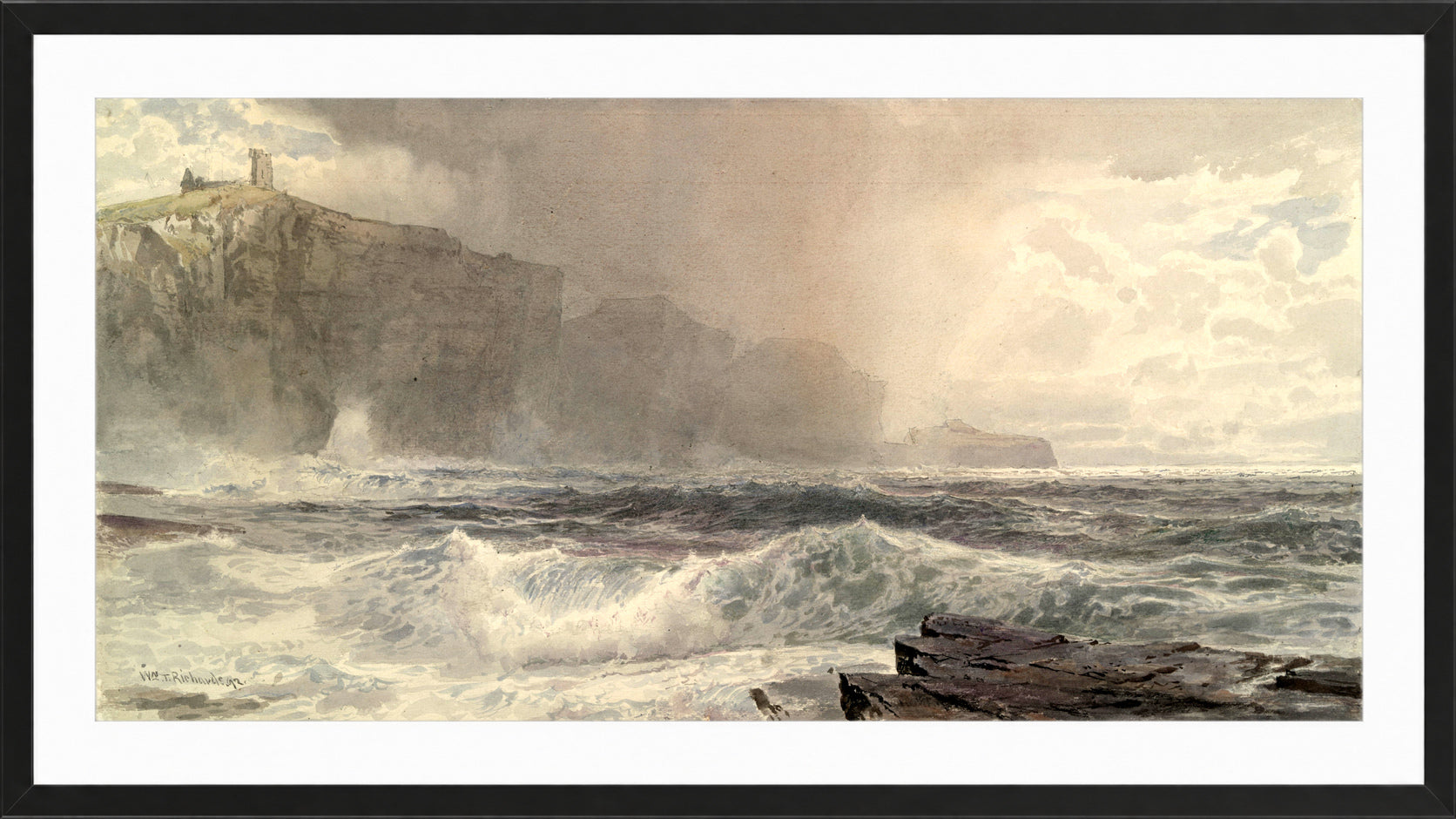 William Trost Richards Print, Sea and Cliffs (1892) in a black frame