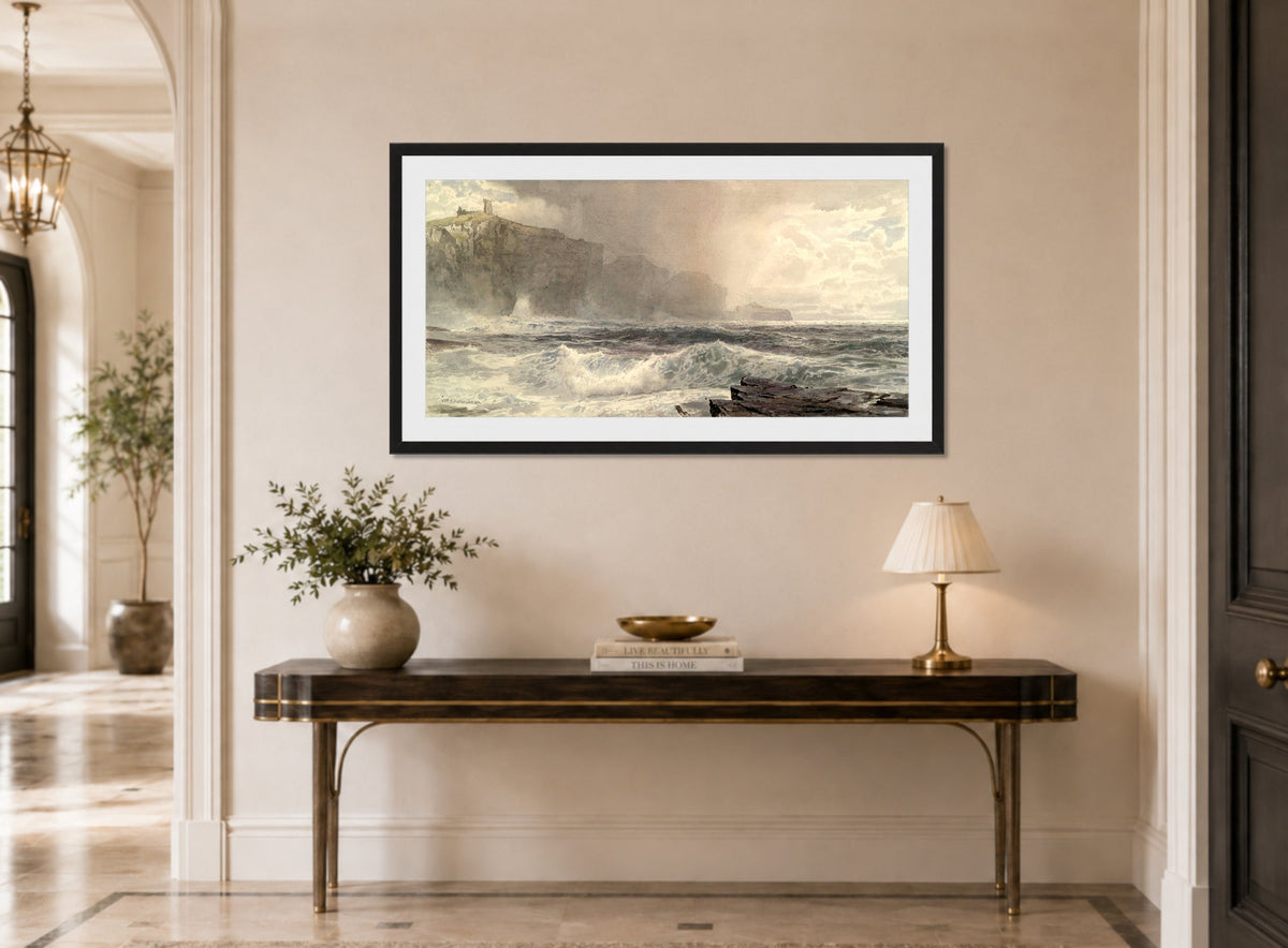 William Trost Richards Print, Sea and Cliffs (1892) displayed above a console table