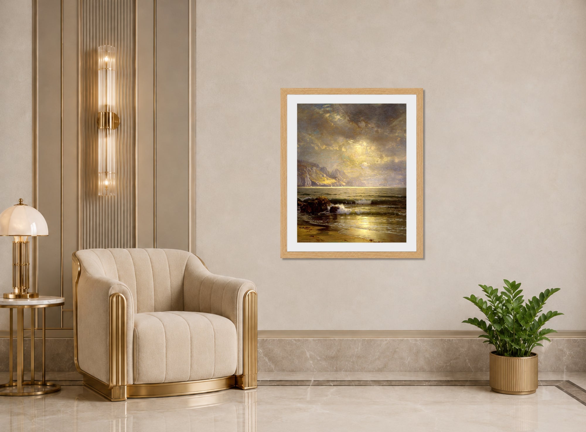 William Trost Richards Print, Seascape (1897) displayed in an Art Deco interior