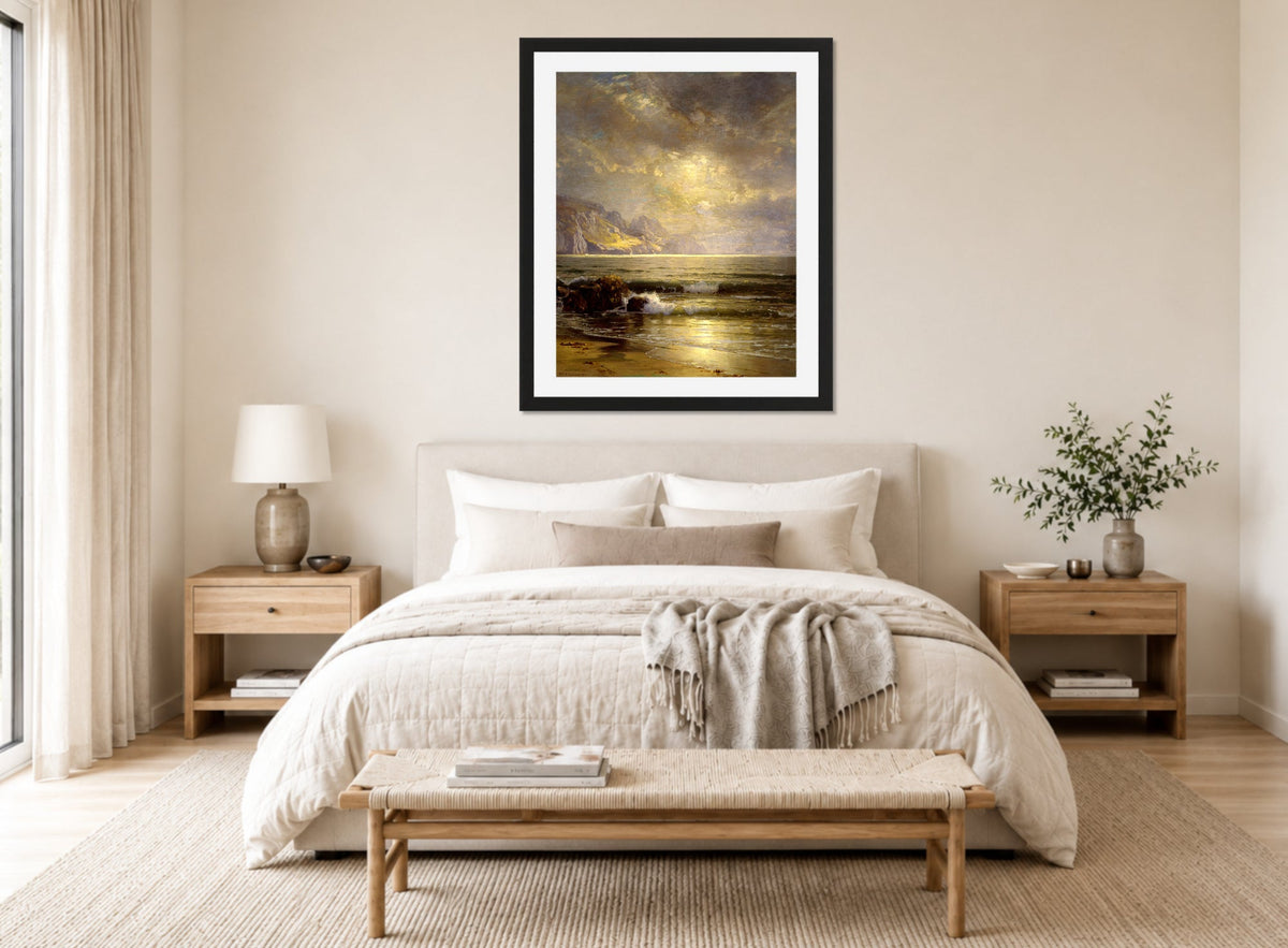 William Trost Richards Print, Seascape (1897) displayed above a bed