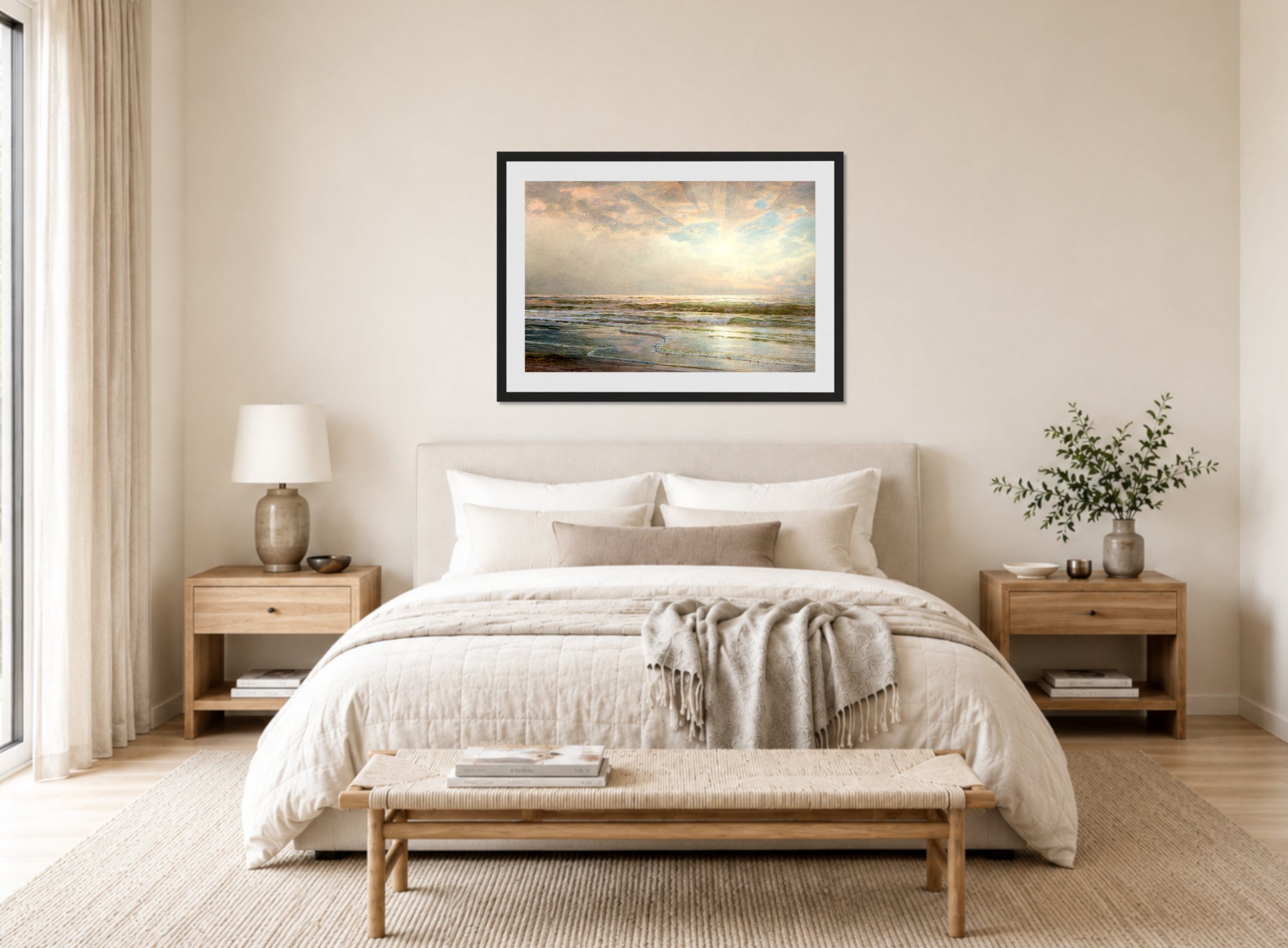 William Trost Richards Print, Seascape (1901) displayed above a bed