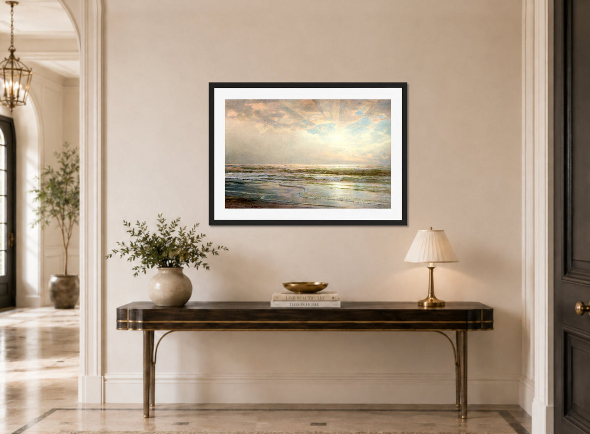William Trost Richards Print, Seascape (1901) displayed above a console table