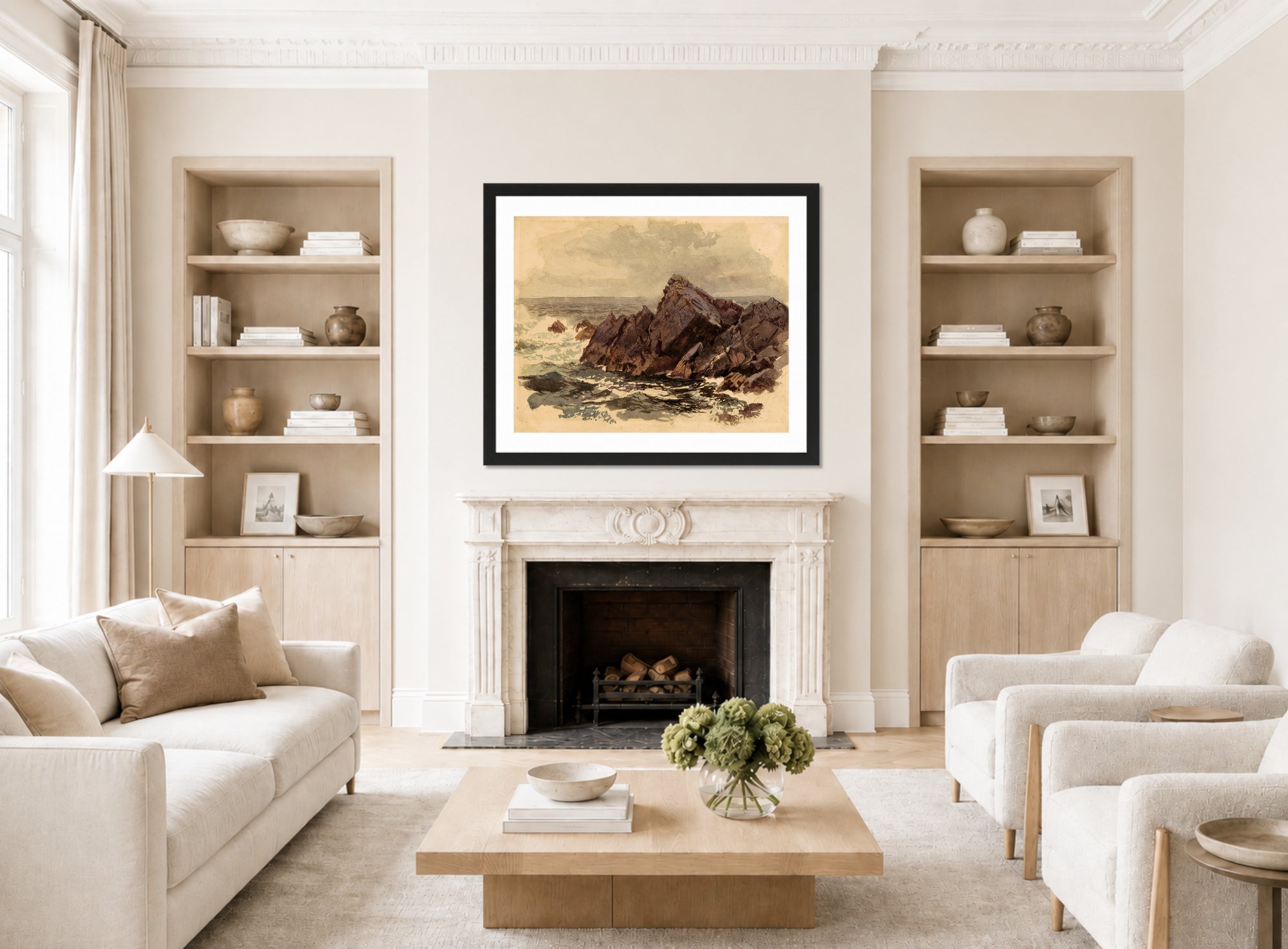 William Trost Richards Print, Seascape with Rocks (c. 1890s) displayed in a Scandinavian living room