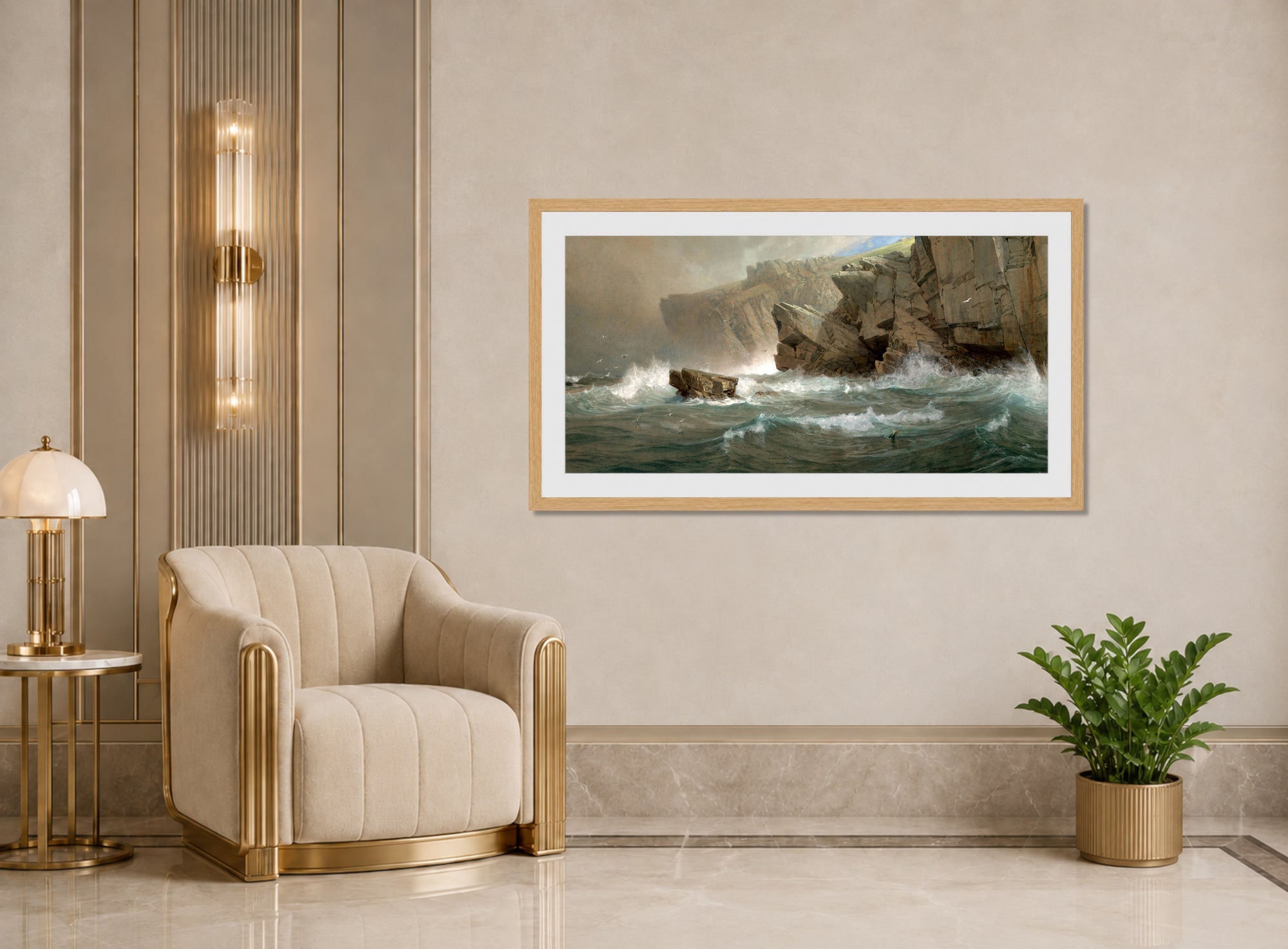 William Trost Richards Print, South-West Point, Conanicut (1878–1879) displayed in an Art Deco interior