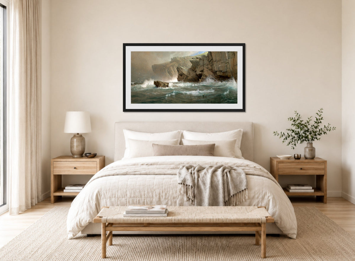 William Trost Richards Print, South-West Point, Conanicut (1878–1879) displayed above a bed