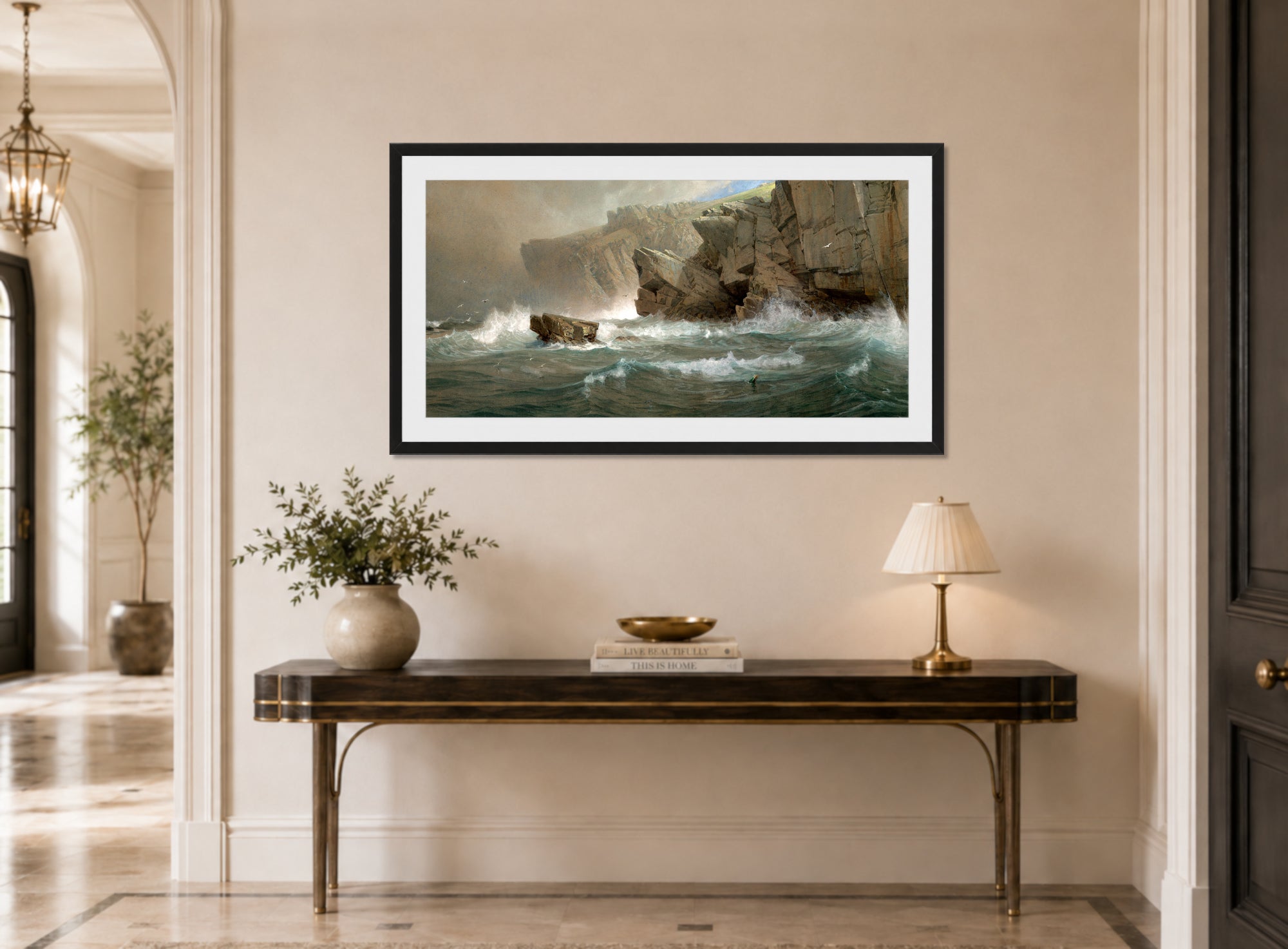 William Trost Richards Print, South-West Point, Conanicut (1878–1879) displayed above a console table