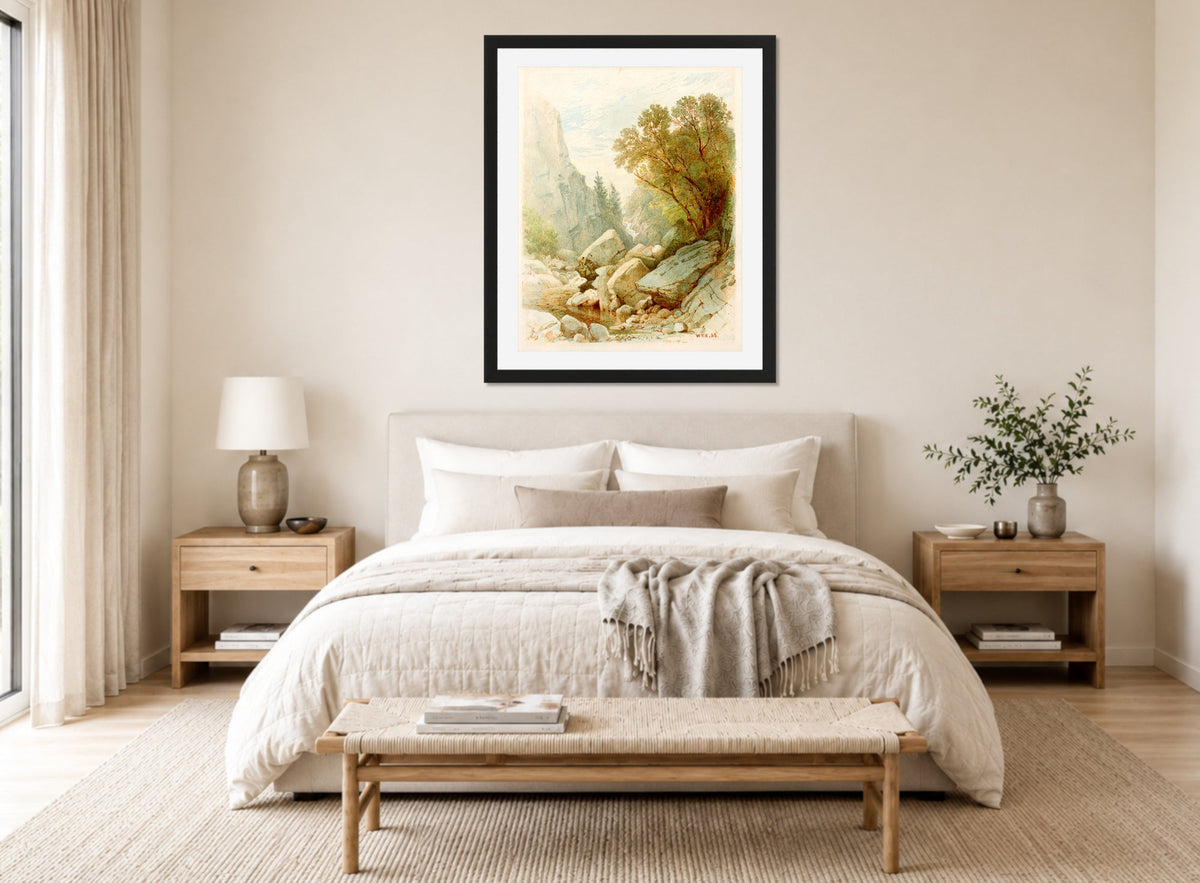 William Trost Richards Print, Split Rock, Adirondacks (1868) displayed above a bed