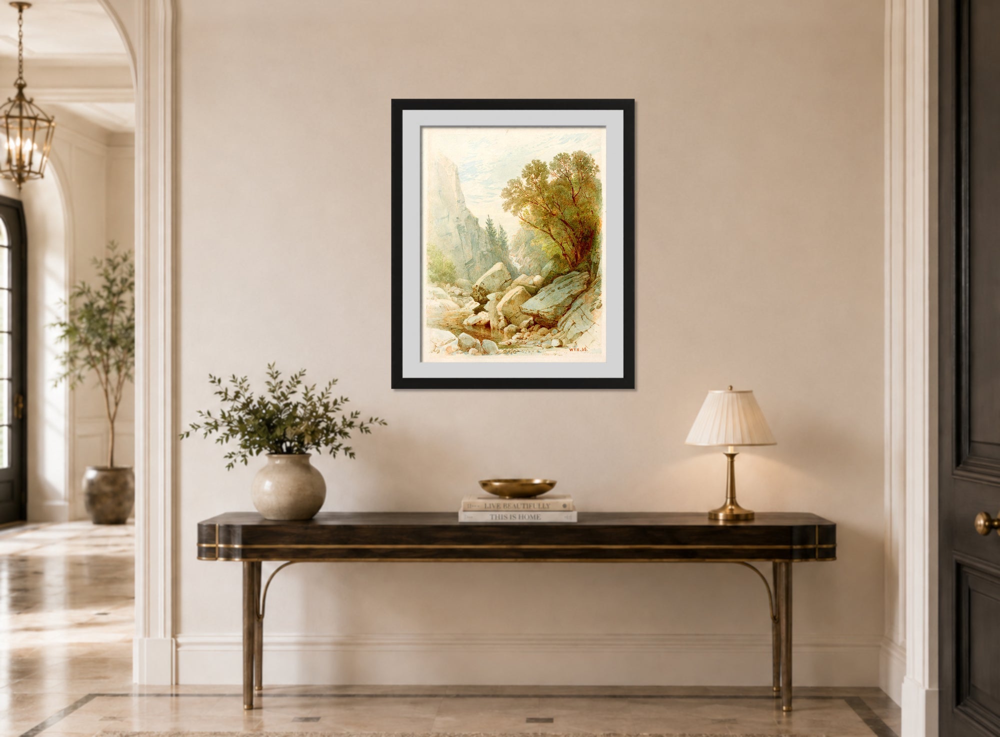 William Trost Richards Print, Split Rock, Adirondacks (1868) displayed above a console table