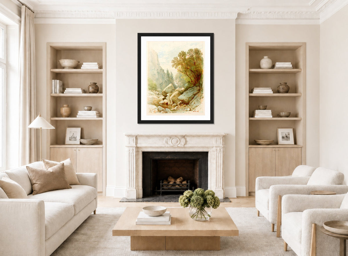 William Trost Richards Print, Split Rock, Adirondacks (1868) displayed in a Scandinavian living room