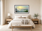 William Trost Richards Print, Sunlit Waves (1903) displayed above a bed