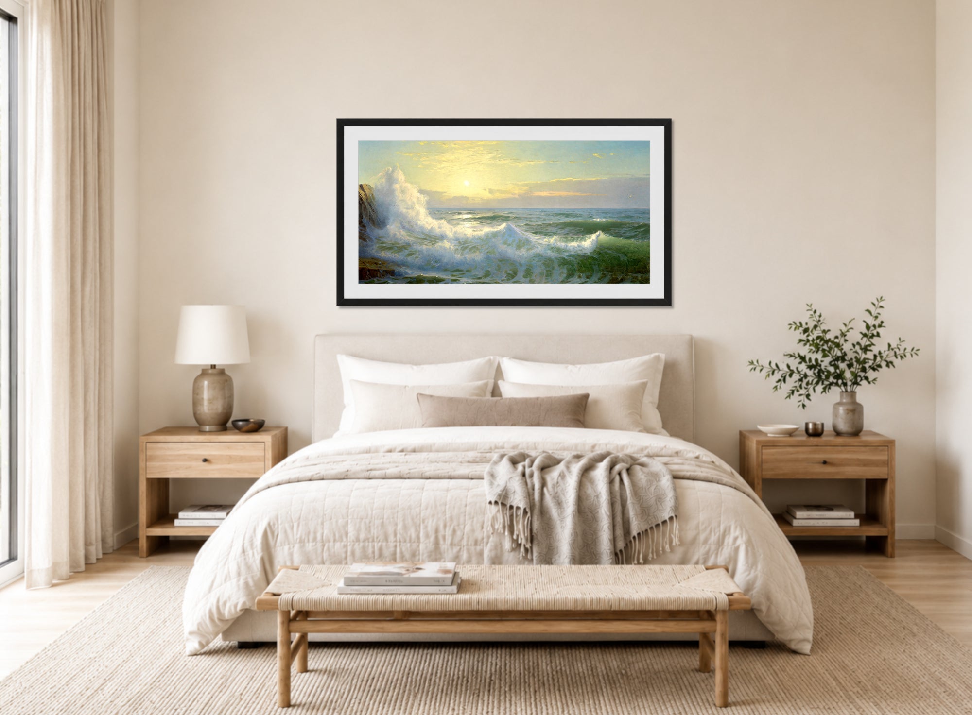 William Trost Richards Print, Sunlit Waves (1903) displayed above a bed