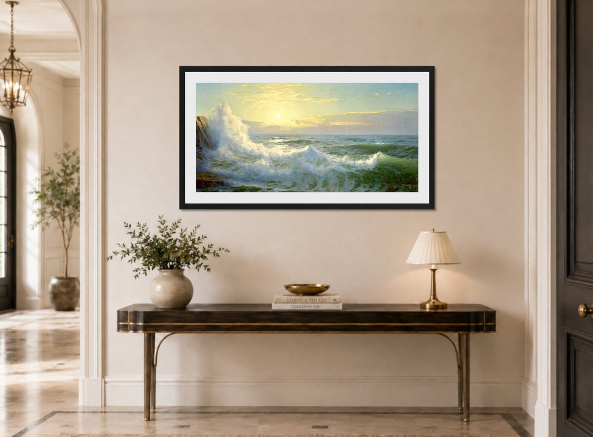 William Trost Richards Print, Sunlit Waves (1903) displayed above a console table