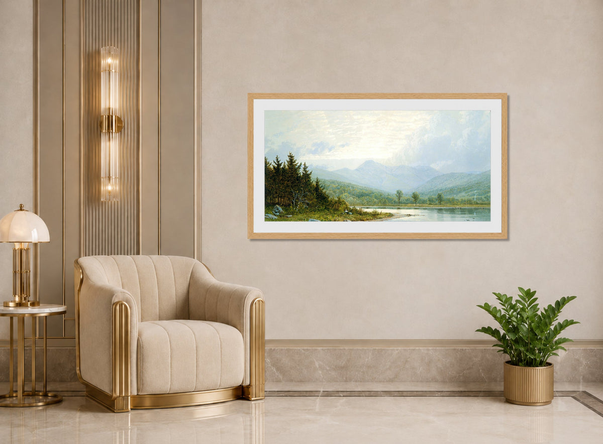 William Trost Richards Print, Sunset on Mount Chocorua, New Hampshire (1872) displayed in an Art Deco interior