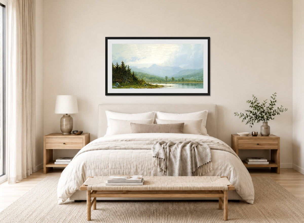 William Trost Richards Print, Sunset on Mount Chocorua, New Hampshire (1872) displayed above a bed