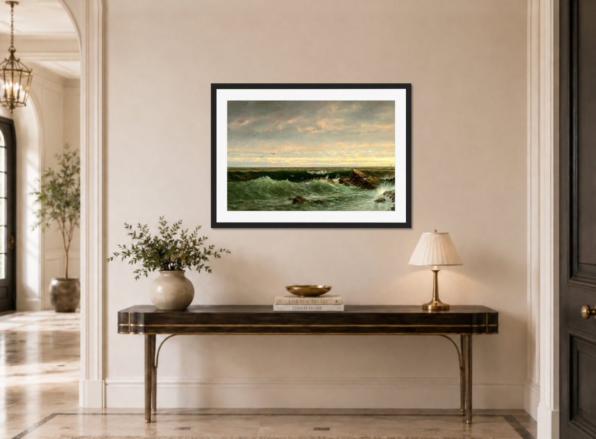 William Trost Richards Print, The Evening Sea, Brigantine, Shoals displayed above a console table