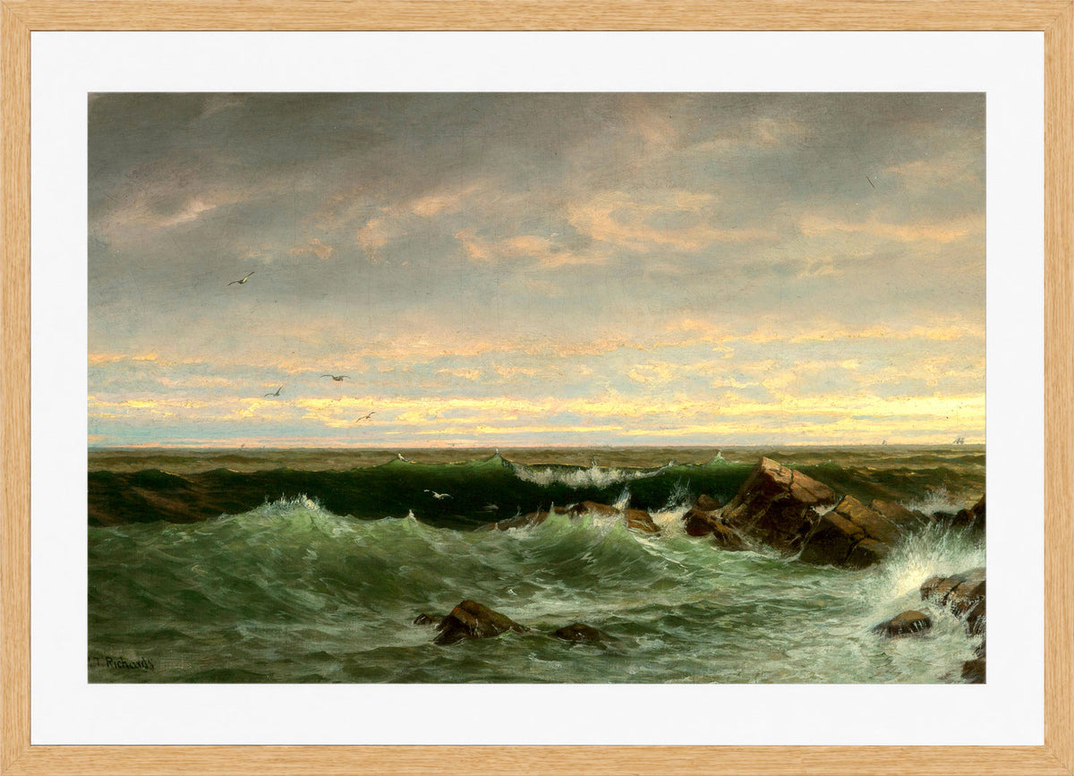 William Trost Richards Print, The Evening Sea, Brigantine, Shoals in a light oak frame