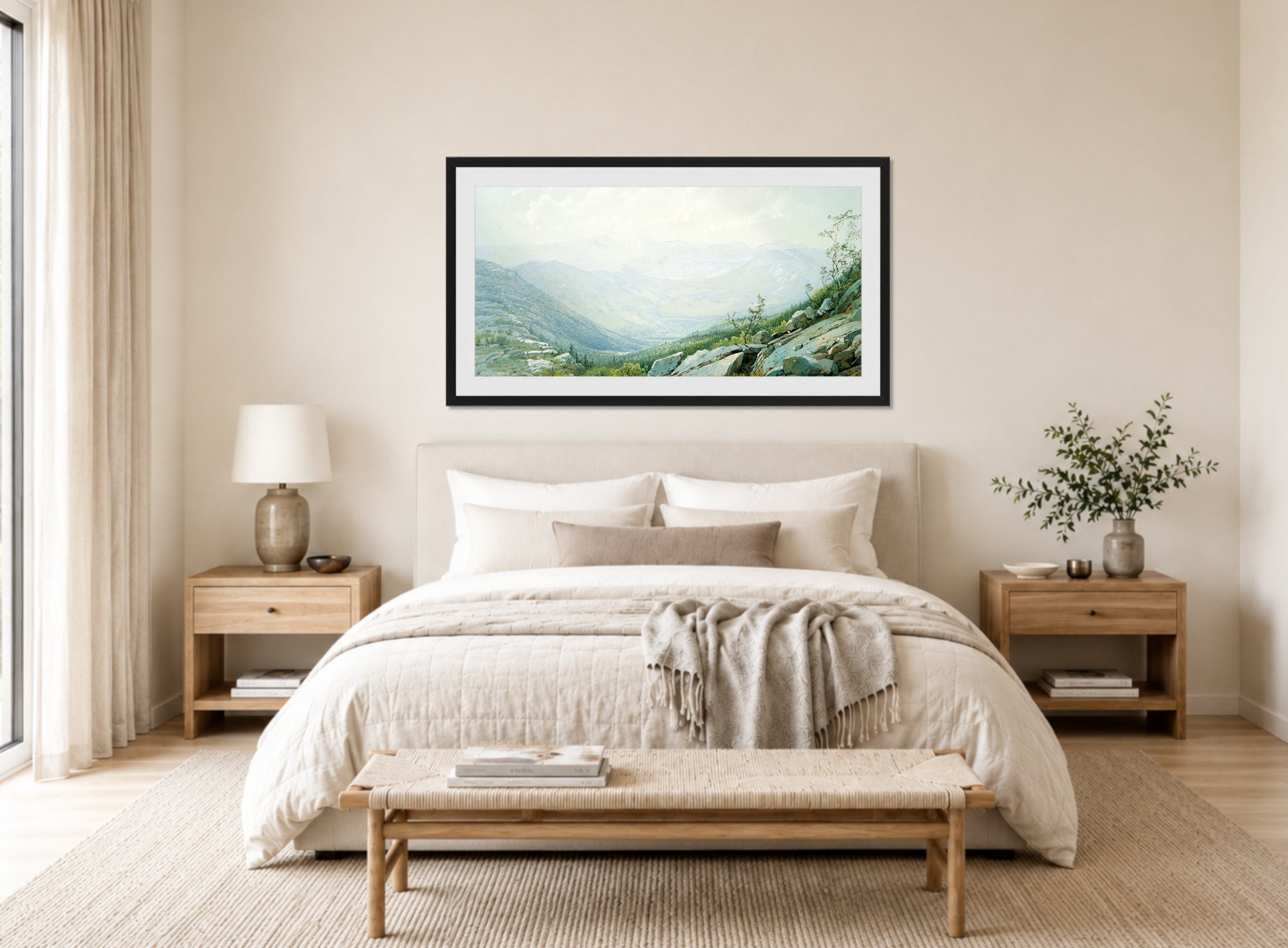 William Trost Richards Print, The Mount Washington Range, from Mount Kearsarge (1872) displayed above a bed
