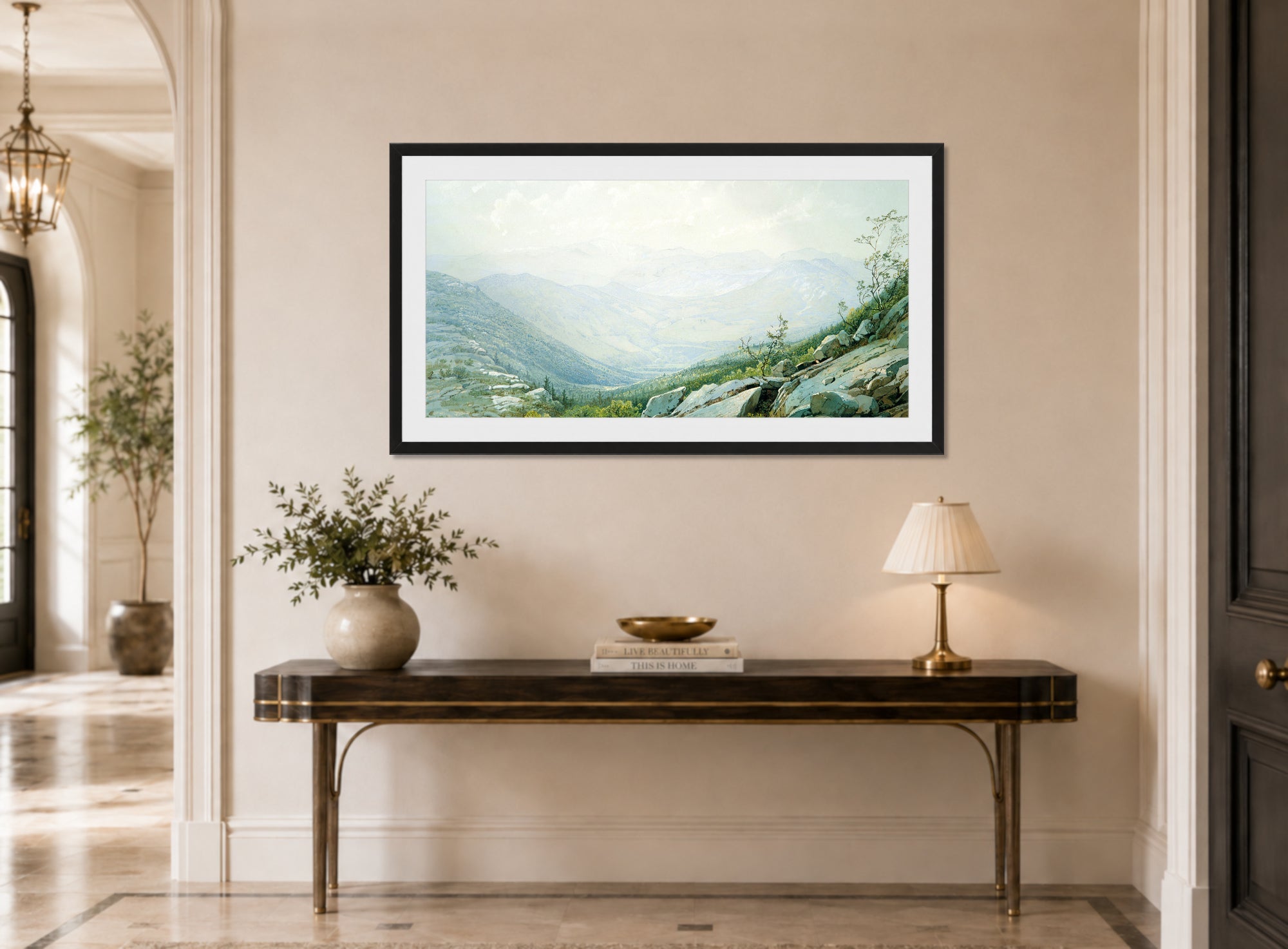 William Trost Richards Print, The Mount Washington Range, from Mount Kearsarge (1872) displayed above a console table