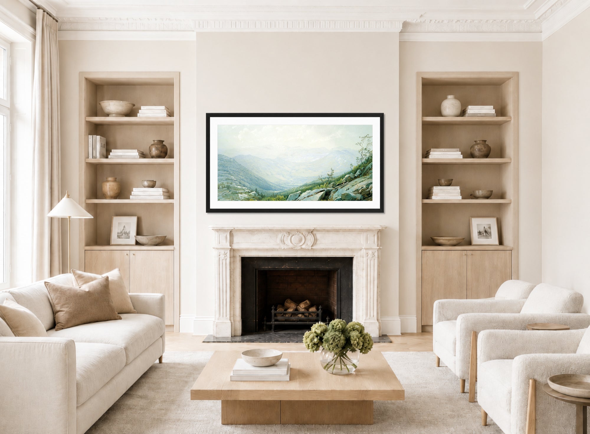 William Trost Richards Print, The Mount Washington Range, from Mount Kearsarge (1872) displayed in a Scandinavian living room