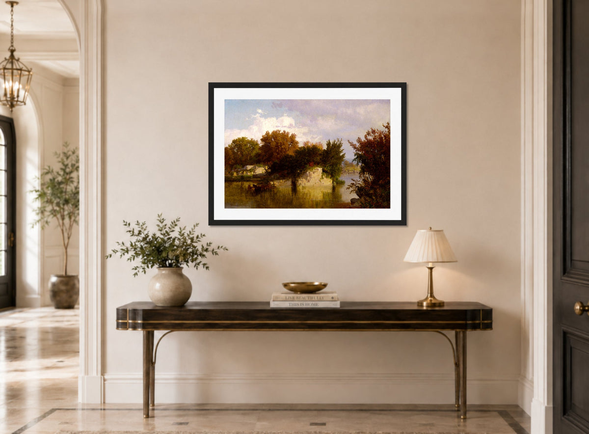 William Trost Richards Print, Trees along Stream in Fall (1861) displayed above a console table