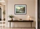 William Trost Richards Print, View of the Artist’s Home, Graycliff, Newport, Rhode Island (1894) displayed above a console table