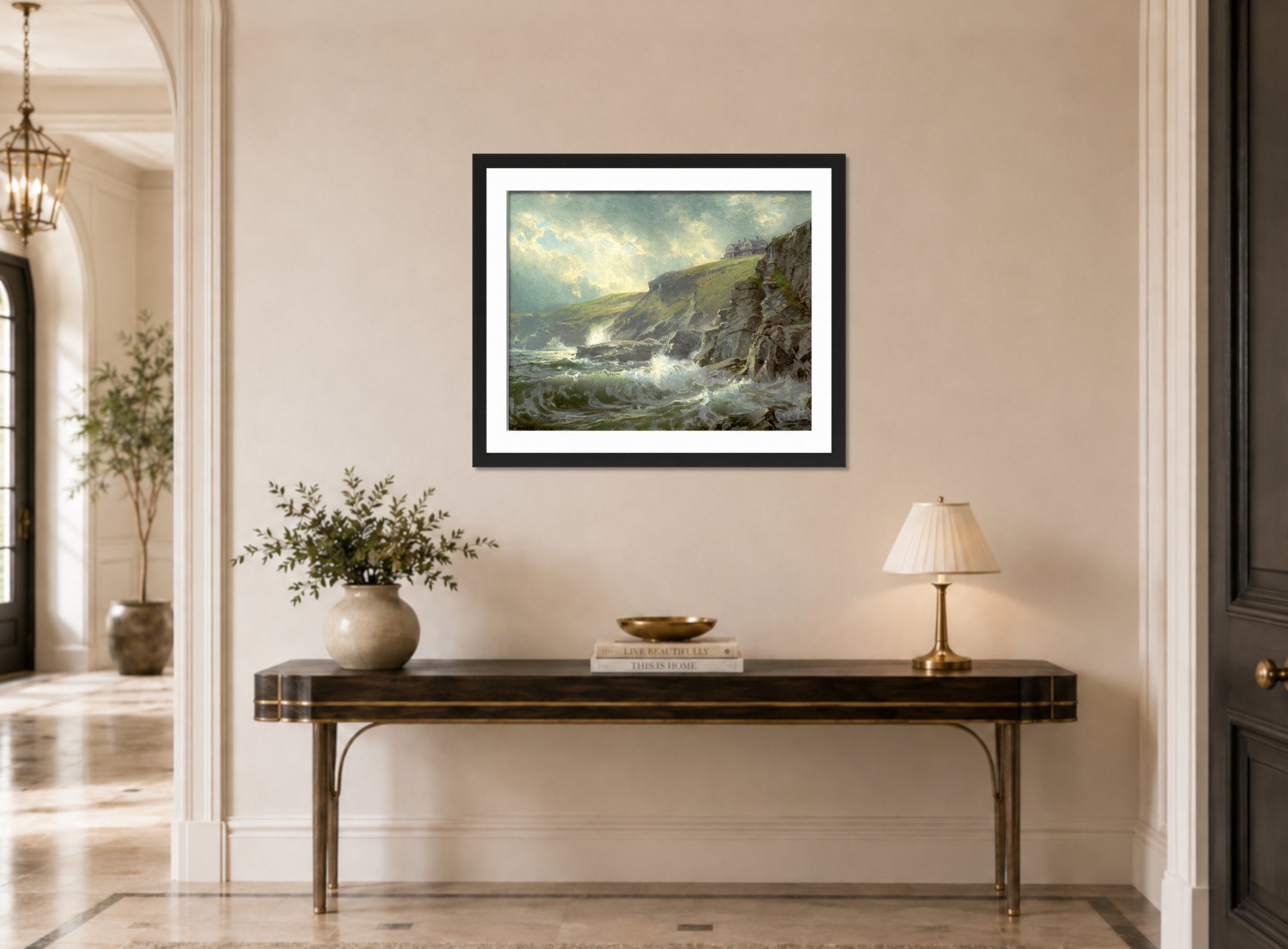 William Trost Richards Print, View of the Artist’s Home, Graycliff, Newport, Rhode Island (1894) displayed above a console table