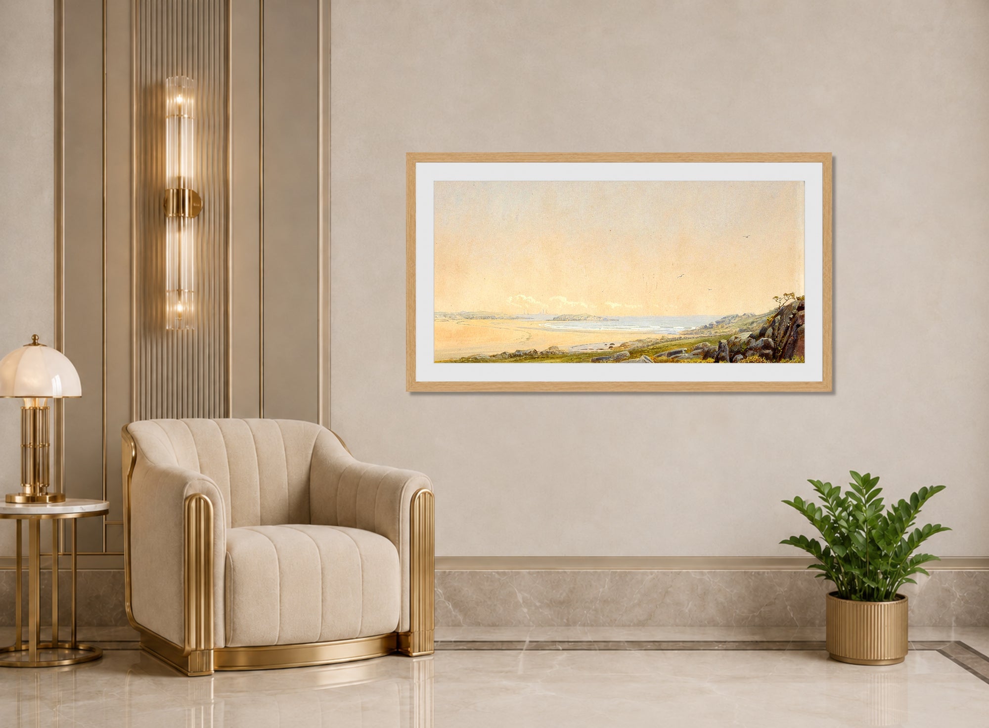 William Trost Richards Print, Whale’s Head Rock, Narragansett, Rhode Island (1872) displayed in an Art Deco interior