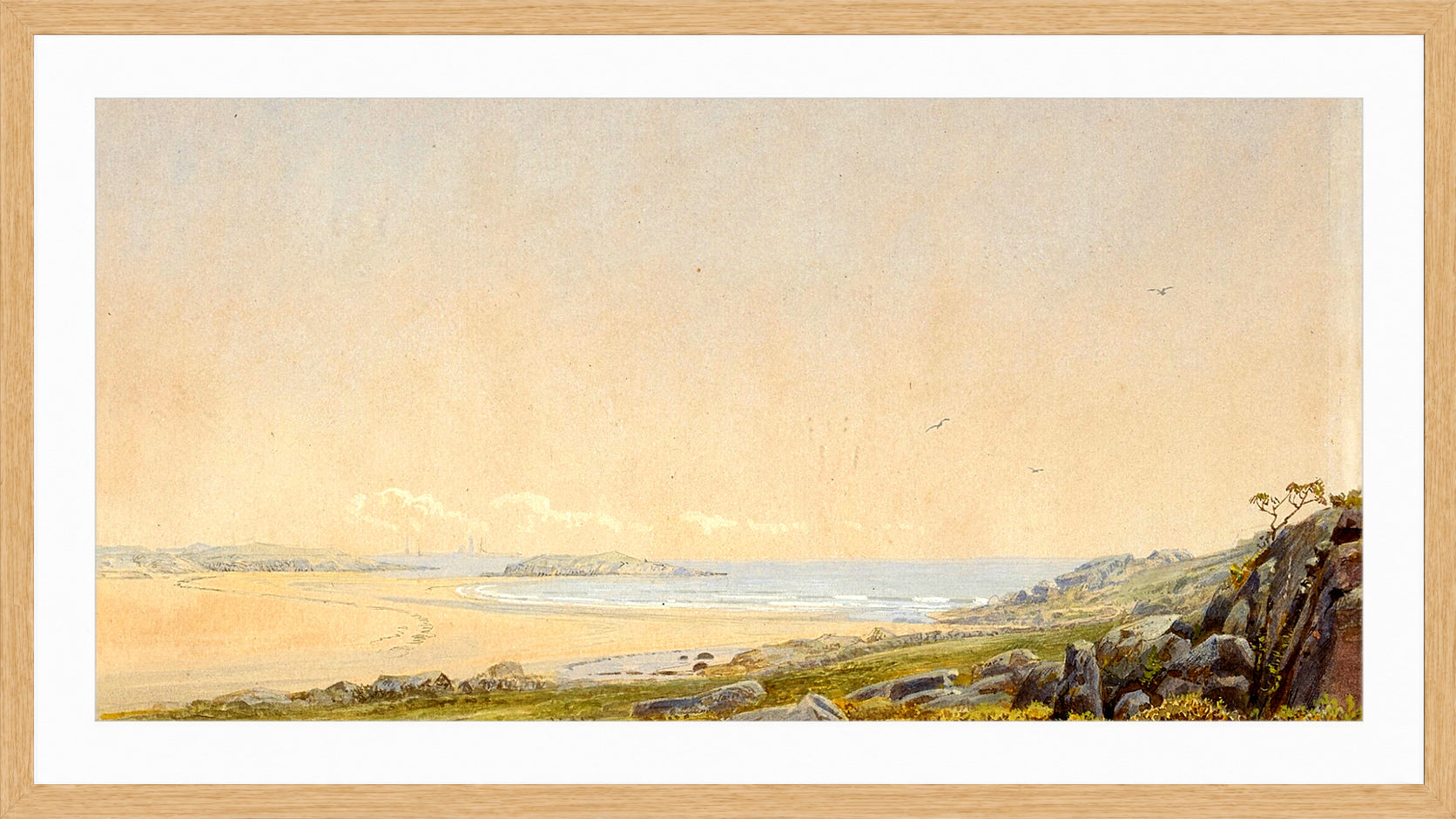 William Trost Richards Print, Whale’s Head Rock, Narragansett, Rhode Island (1872) in a light oak frame