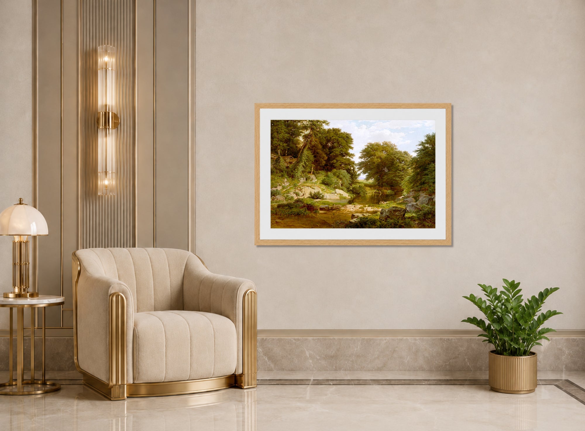 William Trost Richards Print, Woodland Brook (1861) displayed in an Art Deco interior