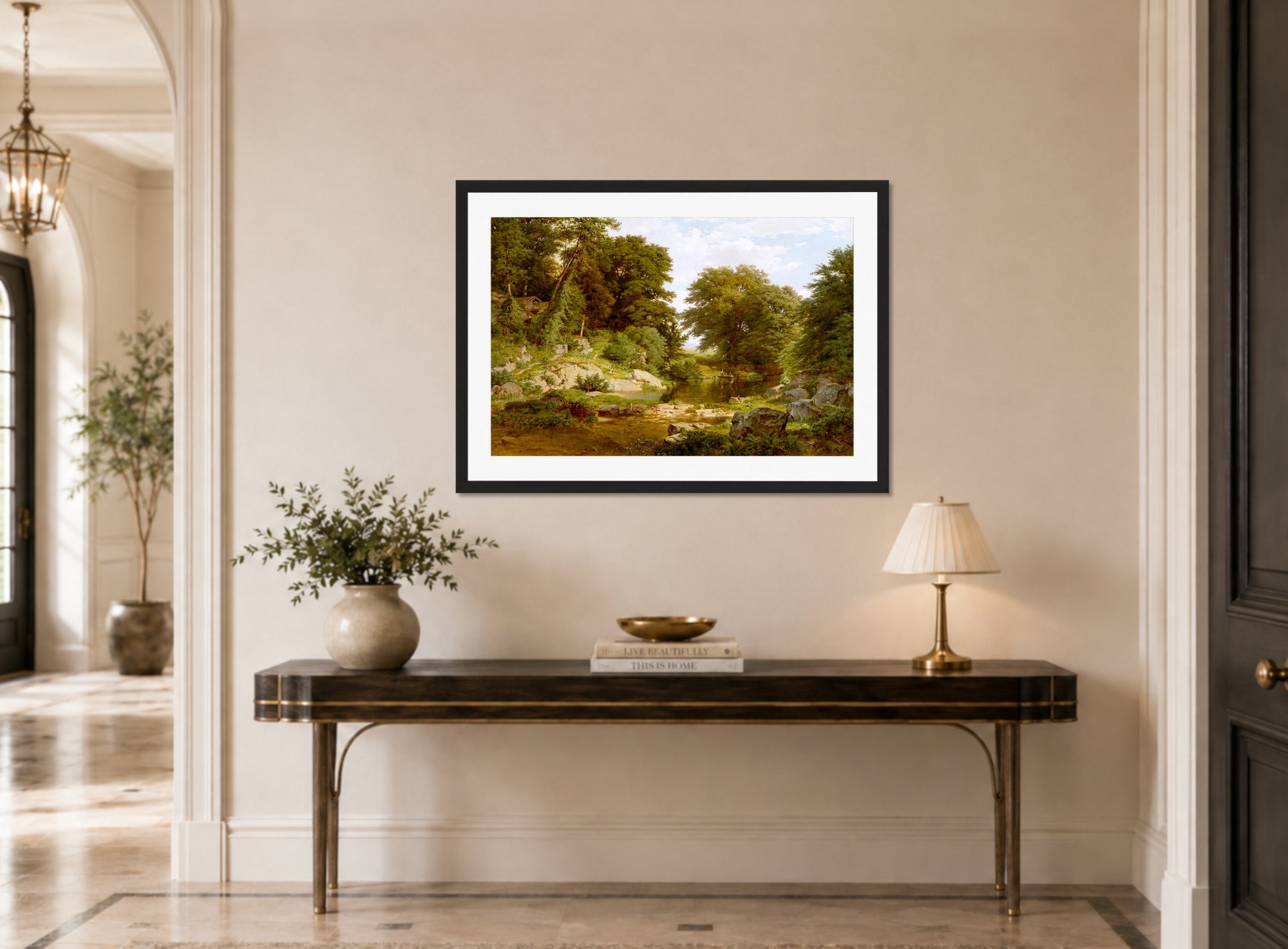 William Trost Richards Print, Woodland Brook (1861) displayed above a console table
