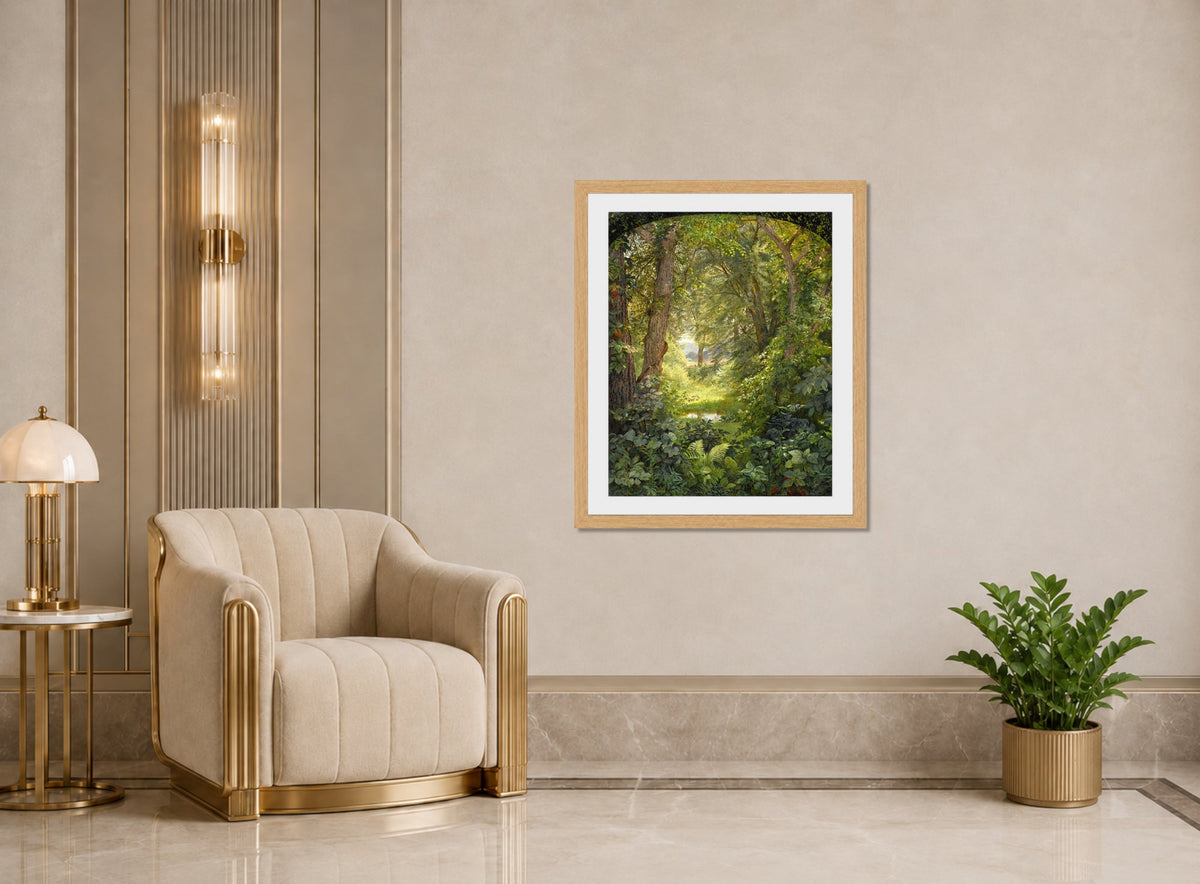 William Trost Richards Print, Woodland Landscape (Woodland Glade) (1860) displayed in an Art Deco interior