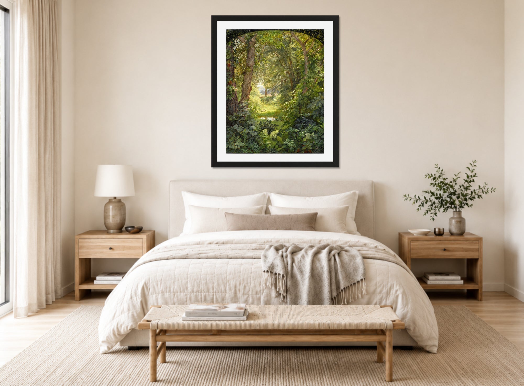 William Trost Richards Print, Woodland Landscape (Woodland Glade) (1860) displayed above a bed