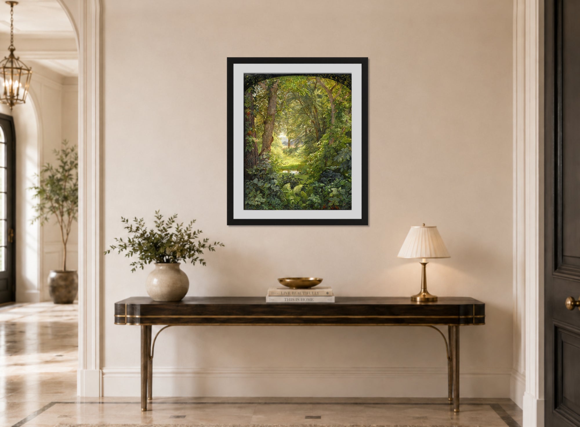 William Trost Richards Print, Woodland Landscape (Woodland Glade) (1860) displayed above a console table