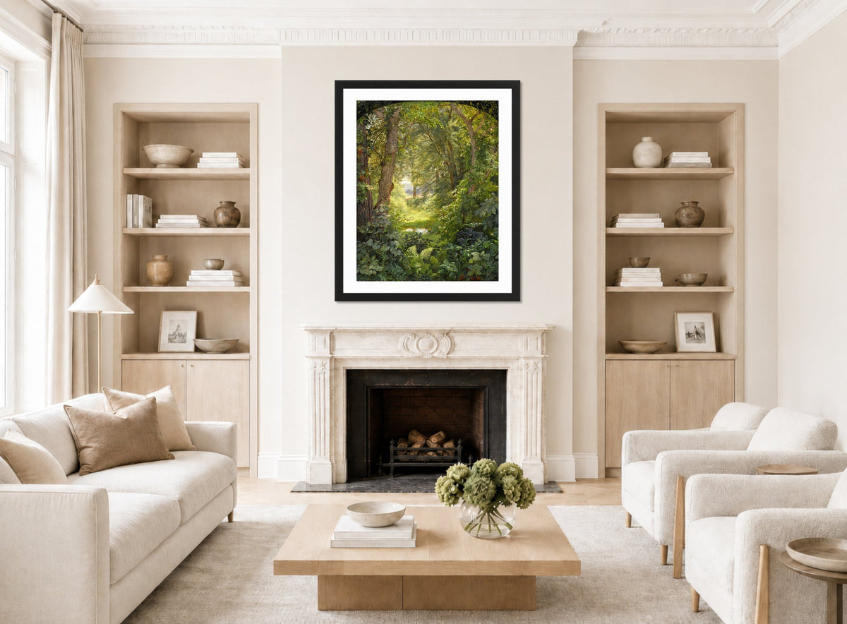 William Trost Richards Print, Woodland Landscape (Woodland Glade) (1860) displayed in a Scandinavian living room