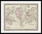 A framed vintage world map print with an ornate decorative border, shown against a white background. The map features muted pastel color coding for continents and fine cartographic details, enclosed in a black frame with a white mat.