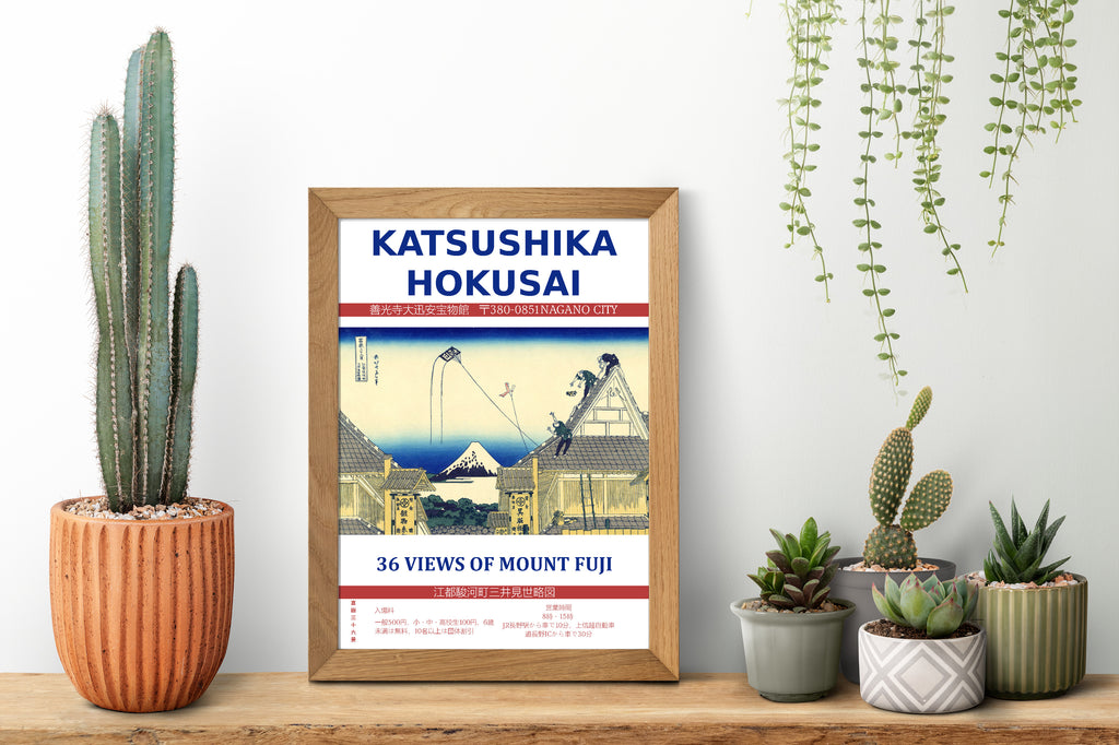 Katsushika Hokusai Exhibition Poster, 36 Views of Mt Fuji,  Mitsui shop in Suruga in Edo 