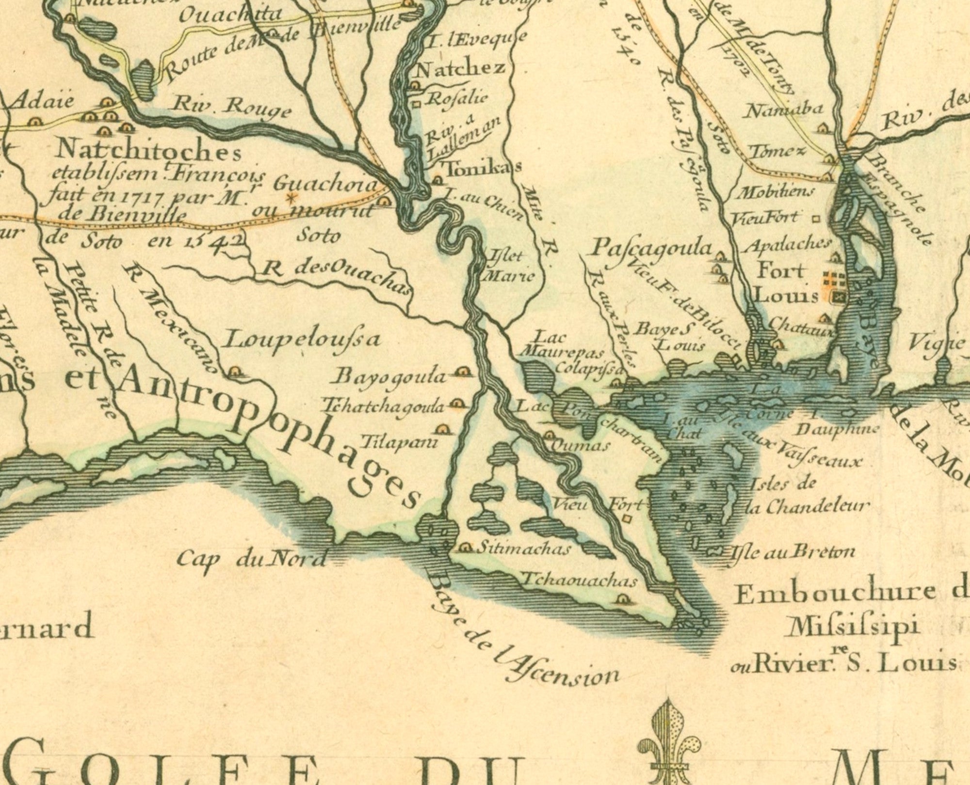 Gulf of Mexico, Louisiana 1718 Map Print Guillaume Delisle