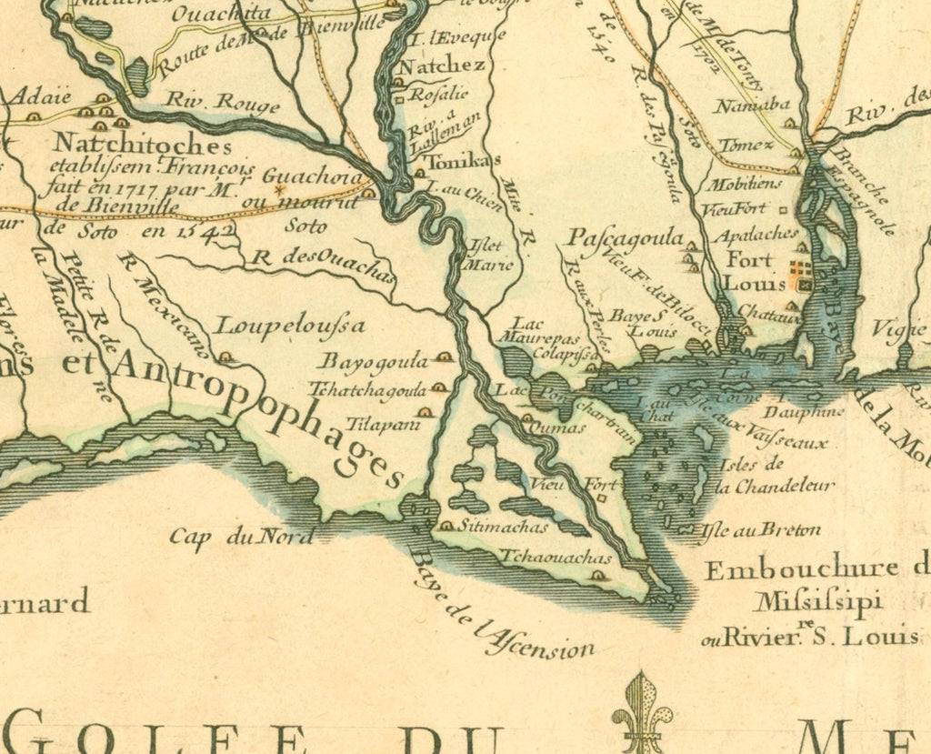Gulf of Mexico, Louisiana 1718 Map Print Guillaume Delisle