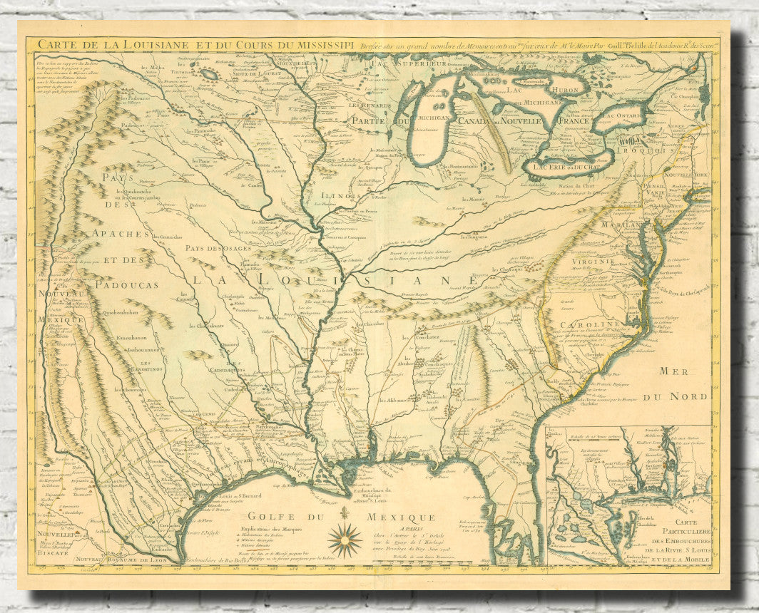 Gulf of Mexico, Louisiana 1718 Map Print Guillaume Delisle