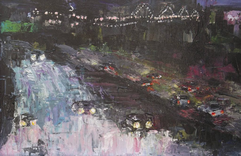 Abstract Cityscape Night Lights Painting by Andi Lucas - OnTrendAndFab
