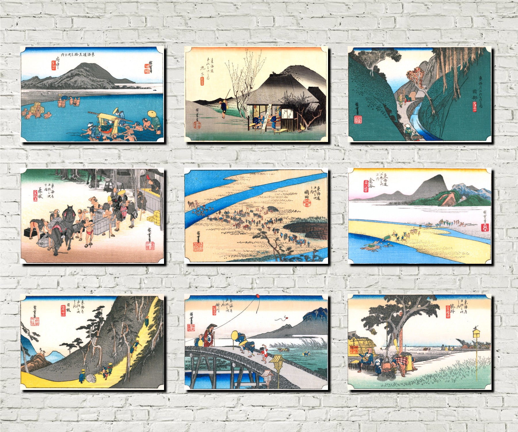Andō Hiroshige, Japanese Art, 53 Stations Tokaido : Set of 9 Prints C