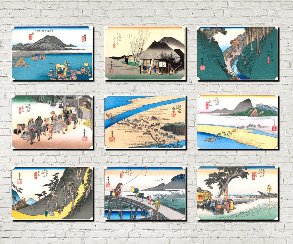 Andō Hiroshige, Japanese Art, 53 Stations Tokaido : Set of 9 Prints C
