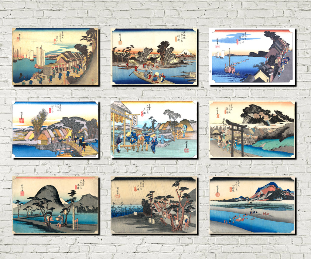 Andō Hiroshige, Japanese Art, 53 Stations Tokaido : Set of 9 Prints