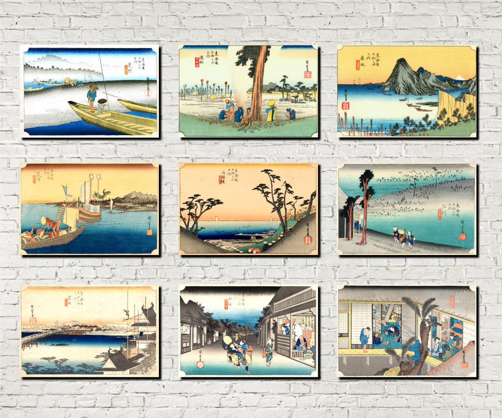 Andō Hiroshige, Japanese Art, 53 Stations Tokaido : Set of 9 Prints D