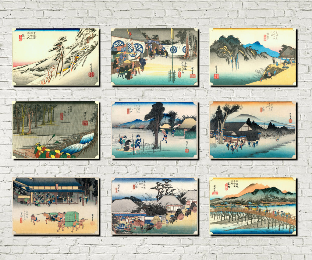 Andō Hiroshige, Japanese Art, 53 Stations Tokaido : Set of 9 Prints F